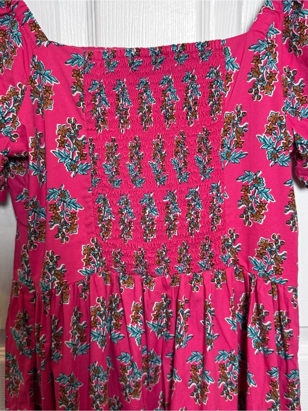 J.Crew Pink Floral Puff Sleeve Smocked Midi Dress Cotton Size 4 Cottagecore